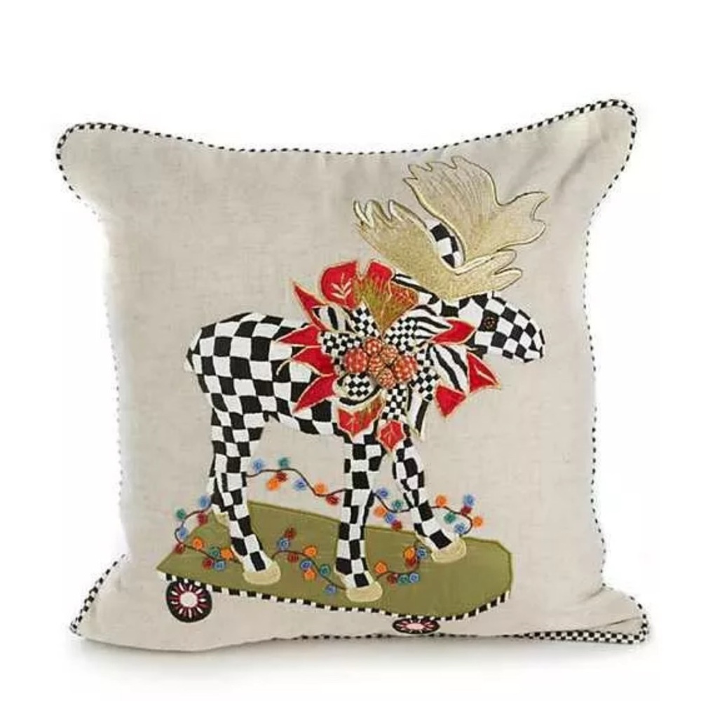 Mackenzie Childs Christmas Moose On Parade Beaded  Courtly Check Pillow 18"